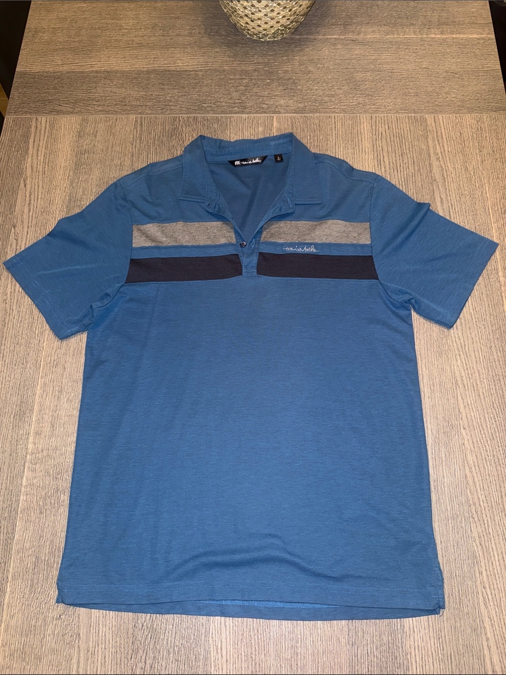 Travis Mathew Blue Polo with Gray and Dark Blue Stripes